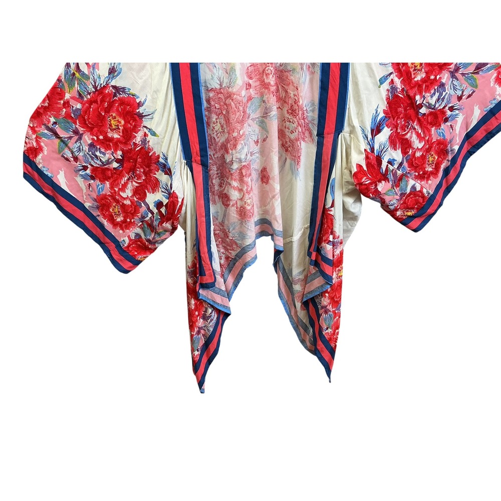 Flying Tomato Womens Floral Kimono Wrap Red Blue Striped Trim Rayon S/M - Picture 8 of 12
